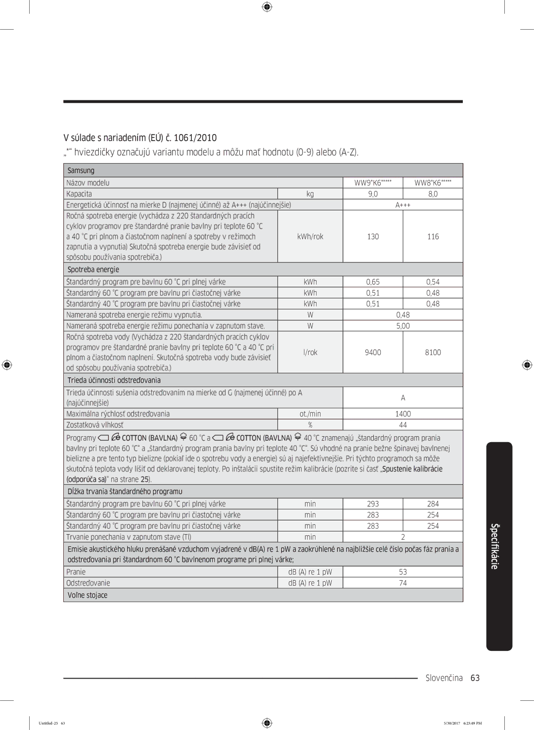 Samsung WW90K6414QW/ZE, WW90K6414QW/LE, WW80K6414QW/LE manual Slovenčina 63  